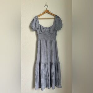 THREAD & CO milkmaid powder blue puff short sleeve midi dress ribbed waist